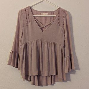 Aeropostale Pale Rose Pink Flowy V Neck Blouse, Quarter Bell Sleeve, Small